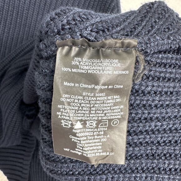 TORY BURCH Women Chunky Knit Sweater Dress Size S Navy MockNeck Gold Logo Button - Picture 6 of 8